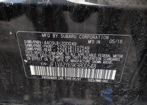 2019 Subaru Wrx Sti Limited z USA, uszkodzony, nr VIN JF1VA2Y69K9800548